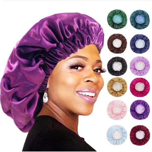 Bonnet de nuit réversible en satin soyeux couleur unie, double couche, pour cheveux bouclés et crépus, noir