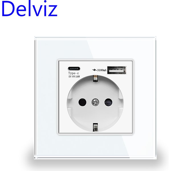 Delviz Type C Wall USB Outlet, 5V 3100mA With Double USB Ports, White Tempered Crystal Glass Panel, EU Standard 16A Power Socket