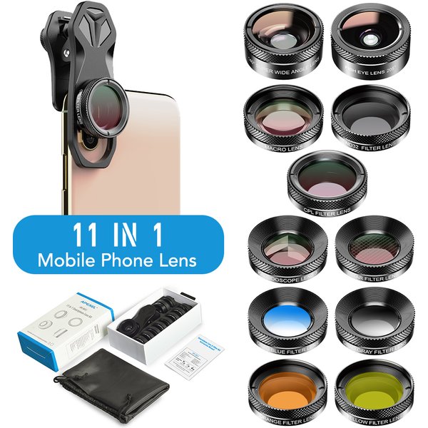 APEXEL 11-in-1-Objektiv-Set für Telefonkameras, Fischaugen-Breitlinse, Vollfarbfilter, CPL-ND-Sternfilter für iPhone, Xiaomi, alle Smartphones