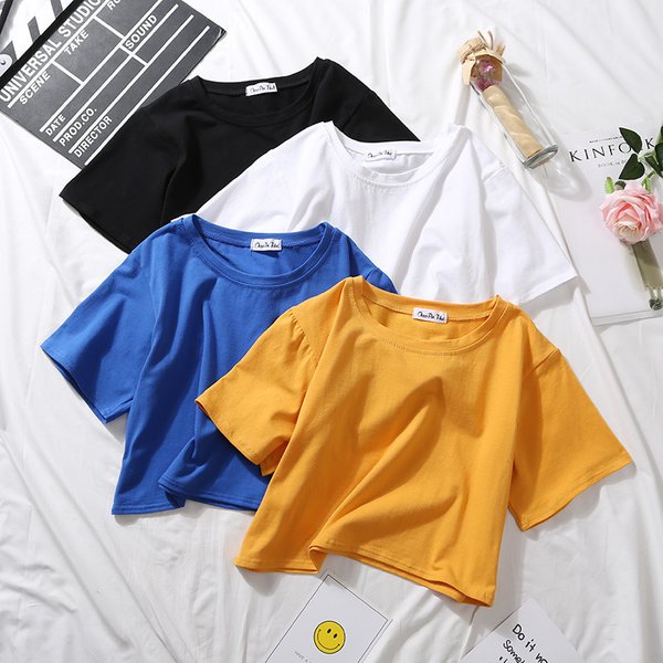 Sommer Kurzarm T Shirts Frauen Baumwolle Solide T-shirt O Hals Hohe Taille Crop Top T Weibliche Beiläufige Lose T Shirt