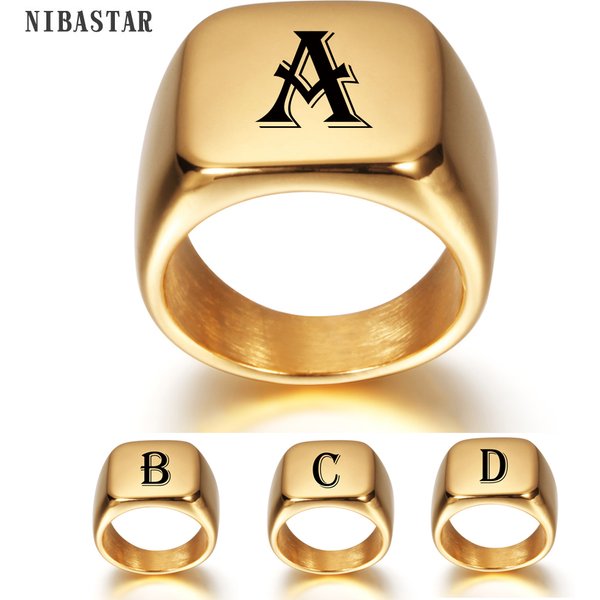 Personalised Initial Engrave A to Z Alphabet Stainless Steel Signet Blank Plain Ring Band High Polished Gold Color Tone U.S.Size