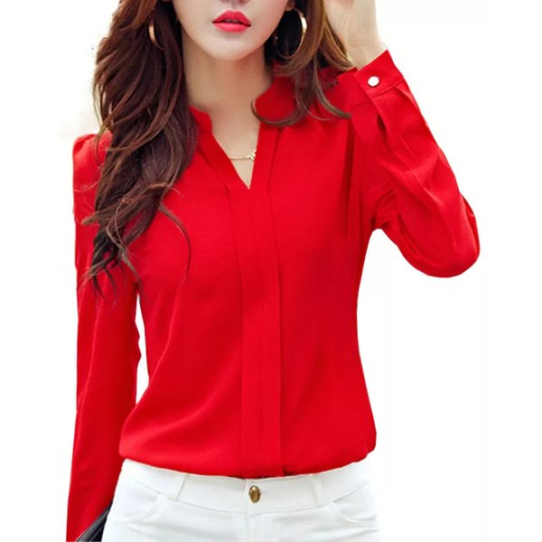 Langarm-shirt Frauen Herbst Kleidung Mode Schlank Chiffon Bluse V-ausschnitt Koreanische Elegante Damen Büro Shirts Weiß Rot DF2324