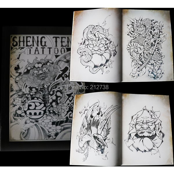 Livre de tatouage sur la photo de Dieu, singe, dragon, crâne de culte semblable à la salle, dos complet, bras de fleurs, motif traditionnel, format A4