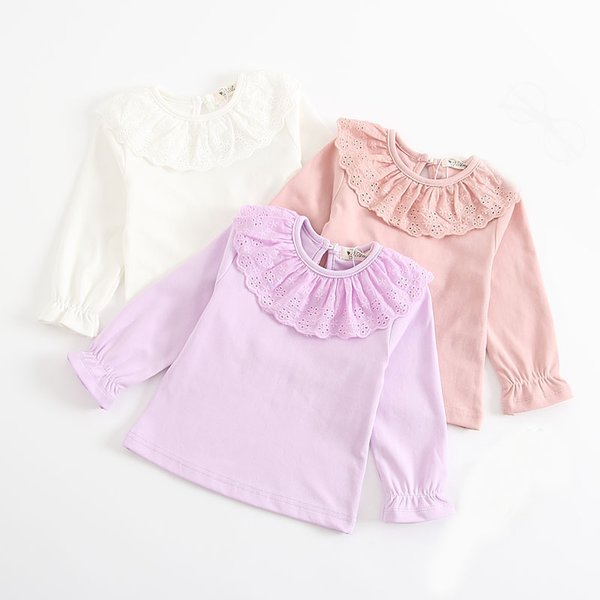 Spring Autumn Baby Girls Cotton T-shirt Toddler Peter Pan Lace Collar Long-Sleeve Tops Toddler Clothes Infant Baby Girls T-shirt