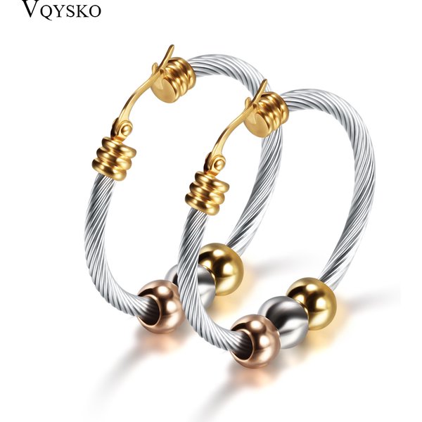 Grandes boucles d'oreilles couleur or coréenne avec trois perles, cercle rond en acier inoxydable pour femmes, tendance Hiphop Rock
