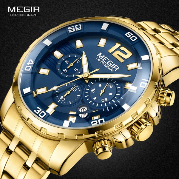 Megir hommes or acier inoxydable montres à Quartz affaires chronographe analogique montre-bracelet pour homme étanche lumineux 2068GGD-2N3