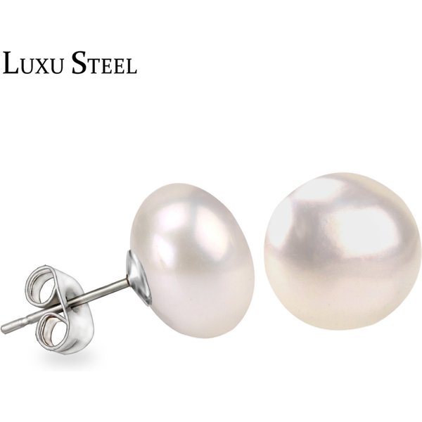 LUXUSTEEL Safety Pin Earrings 6MM Jewelry Palace Fashion Freshwater Cultured Pearl Button Ball Stainless Steel Stud Earrings
