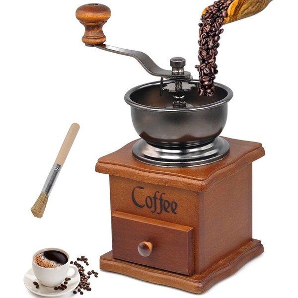 LMETJMA – moulin à café manuel rétro, en acier inoxydable, avec brosse de nettoyage, Design en bois, Machine à café