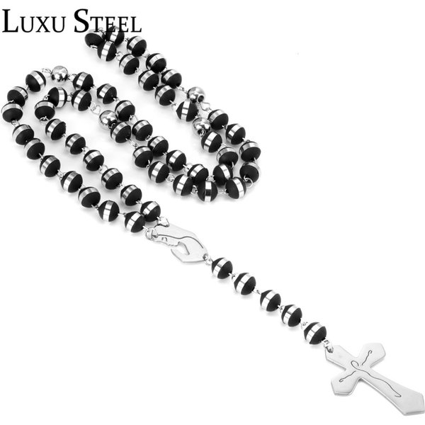LUXUSTEEL chaud nouvelle vierge marie longs chapelet colliers en acier inoxydable perle noire avec couleur argent chaîne collier croix pendentifs