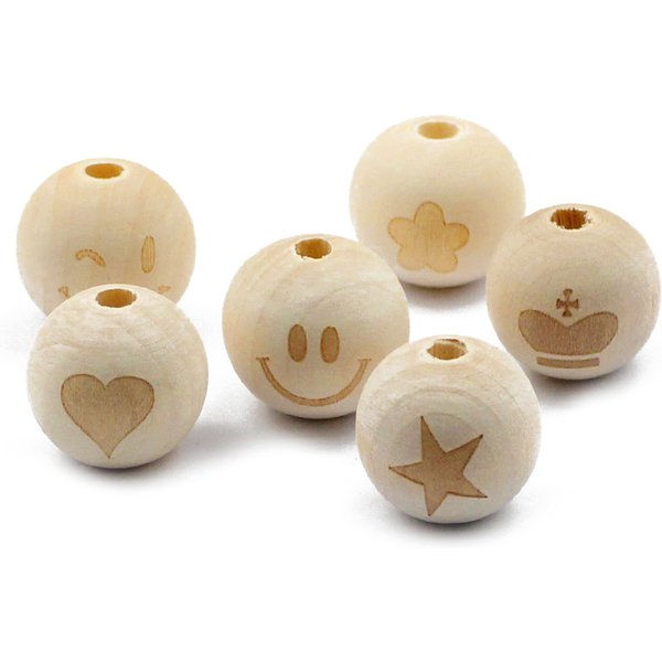 10pc/lot 20mm Round Natural Wood Beads Smiling Face Heart Star Baby Teether Child Teething Wooden Beads for Jewelry Making DIY