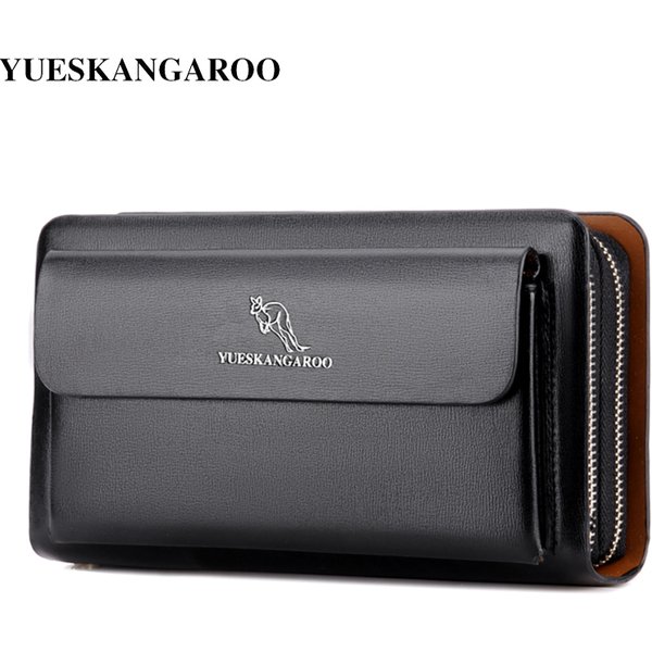 KANGAROO marque hommes pochette mode cuir Long sac à main Double fermeture éclair portefeuille d'affaires noir marron mâle décontracté sac pratique