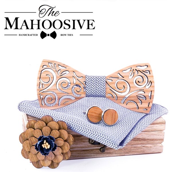 Ensemble Nœud Papillon en Bois, Boutons de Manchette et Mouchoir de Poche pour Hommes – Idéal Mariage et Fêtes T297