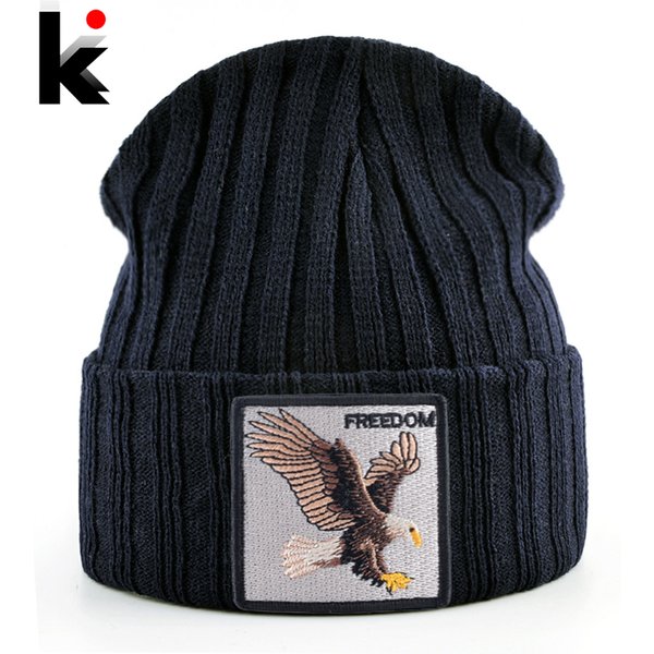 Bonnets tricotés SKullies pour hommes et femmes, chapeau solide Hip Hop avec Patch d'aigle brodé, Bonnet en tricot Double couche pour femmes, Streetwear Kpop Gorras