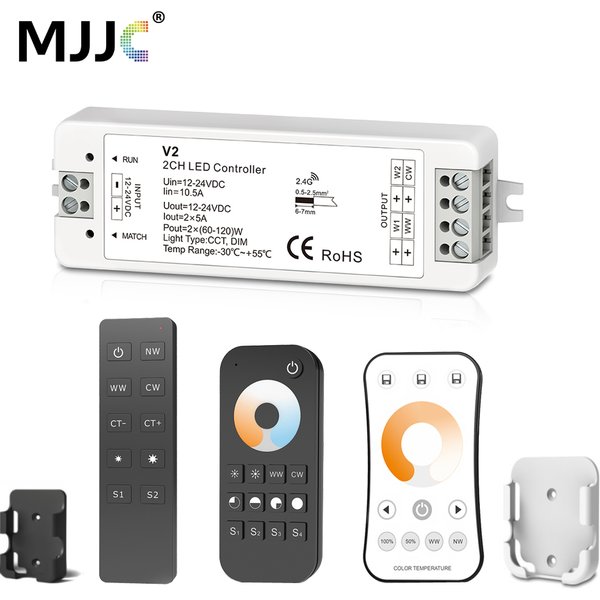 WW CW LED Controller 12V 24V 10A 2CH 2.4G Single Color CCT Light Strip LED Dimmer Controller RF Wireless Remote with Holder V2