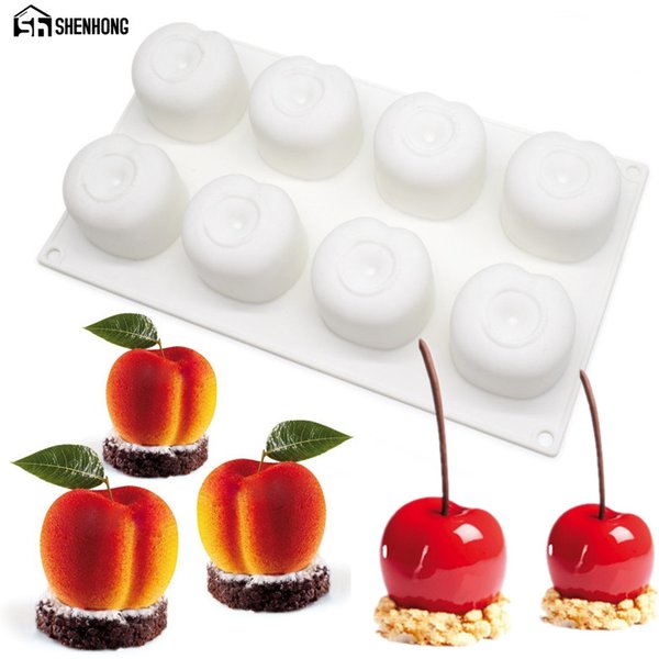 SHENHONG Silicone cerise moule 8 trous pêche 3D gâteau moules Mousse pour crèmes de glace chocolats pâtisserie ustensiles de cuisson Dessert Art Pan