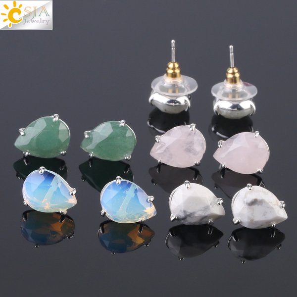 CSAlbanWater-Boucles d'oreilles à tige en forme de goutte d'eau pour femme, bijoux de guérison en œil de tigre, pierre naturelle, cristal de quartz rose à facettes, document argenté, G035