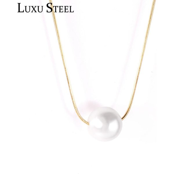 LUXUSTEEL Female Gold Color Round Imitation Pearl Pendant Necklaces Women/Girl Stainless Steel Snake Chain Necklace Exquisite
