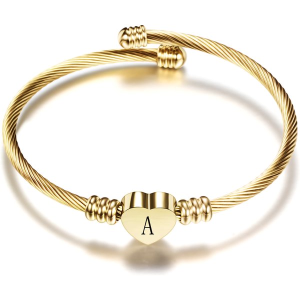 Mode Mädchen Gold Farbe Edelstahl Herz Armband Armreif Mit Brief Mode Initial Alphabet Charme Armbänder Für Frauen