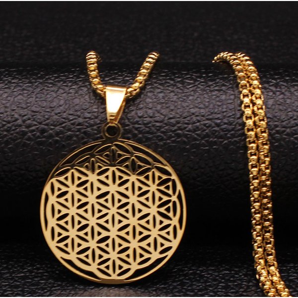Modische Blume des Lebens Edelstahl Lange Halskette für Frauen Goldfarben Halsketten Schmuck Sautoir Femme Long Acier Inoxydable