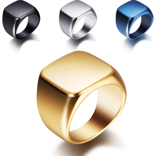 Free Engrave New Silver/Gold/Black/Blue Square Big Width Signet Rings For Men Ring Titanium Steel Jewelry