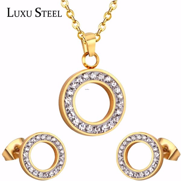 LUXUSTEEL Set Stainless Steel Hollow Out Round Cubic Zirconia Pendant Necklace Earrings Brinco Female Bijoux Party Wholesale