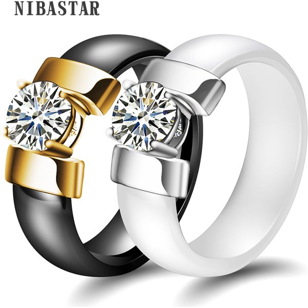 Weiße schwarze Keramikringe plus Zirkonia für Damen, goldfarbener Edelstahl, Damen-Ehering, Verlobungsschmuck, 6 mm