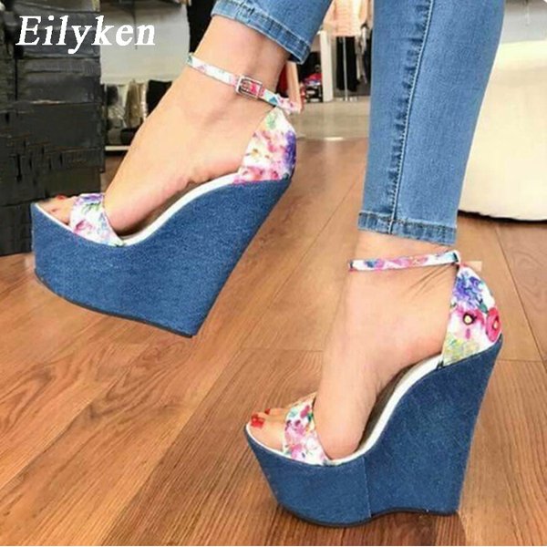 Eilyken-Sandales en denim à talons hauts pour femmes, chaussures à plateforme Peep Parker, compensées romaines, créateur de mode