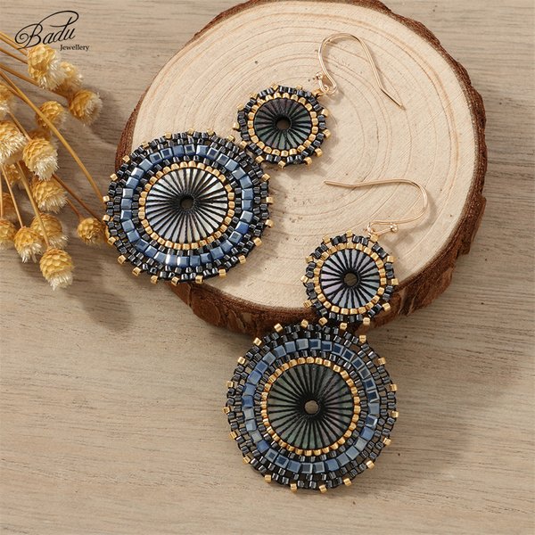 Badu-Boucles d'oreilles double rondes faites à la main pour femmes, perles exécutives japonaises, crochet vintage, cadeau de bijoux de Noël, vente en gros