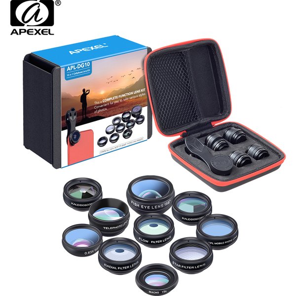 APEXEL Phone Lens Kit Universal 10 in 1 Fisheye Wide Angle Macro Lens CPL Filter Kaleidoscope+2X Telescope Lens for Smartphone