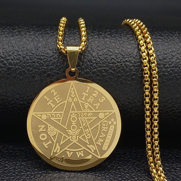Witchcraft Pentagram Stainless Steel Chain Necklaces for Men Gold Color Necklaces Tetragrammaton Pendants Jewelry Cadenas N1163S