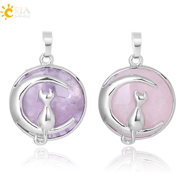 CSJA pierre naturelle et cristaux pendentif pierre naturelle collier rond en pierre naturelle, pendentif chat lune mignon chaton porte-bonheur, bijoux adaptés aux femmes et filles, cadeau pierres