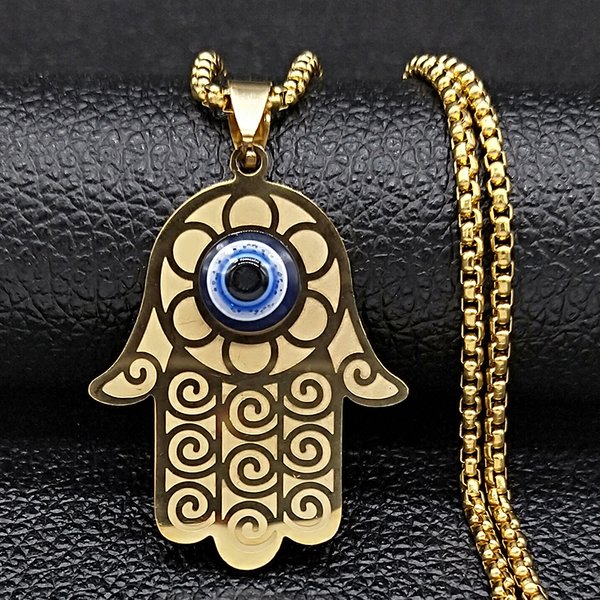 Blaue Türkische Dämonenaugen-Hamsa-Hand Edelstahl Fatima-Hand Halskette für Damen und Herren Schmuck Collares Mujer N1206S02