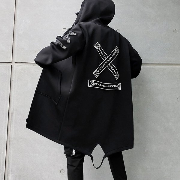 New Men Streetwear Black Jackets And Coats Hip Hop Harajuku Hooded Men's Windbreaker Overcoat Mens Clothing Outwear M-5XL