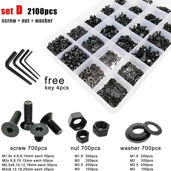 400/2100 M 1,6 M2 M 2,5 M3 M4 Schwarz Grade 10,9 Stahl Hexagon Hex Buchse Flachen Senkkopf Schraube Bolzen mutter Scheibe Sortiment Kit