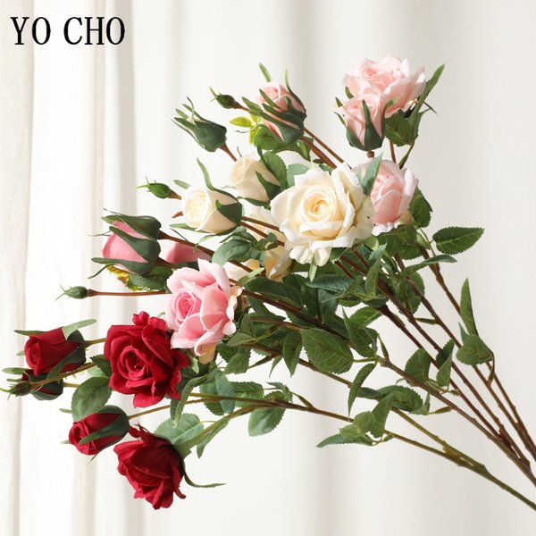 Fleurs artificielles en soie YO CHO, roses de haute qualité, fausses fleurs à longue tige, 5 têtes, pour mariage, Saint-Valentin, décoration intérieure