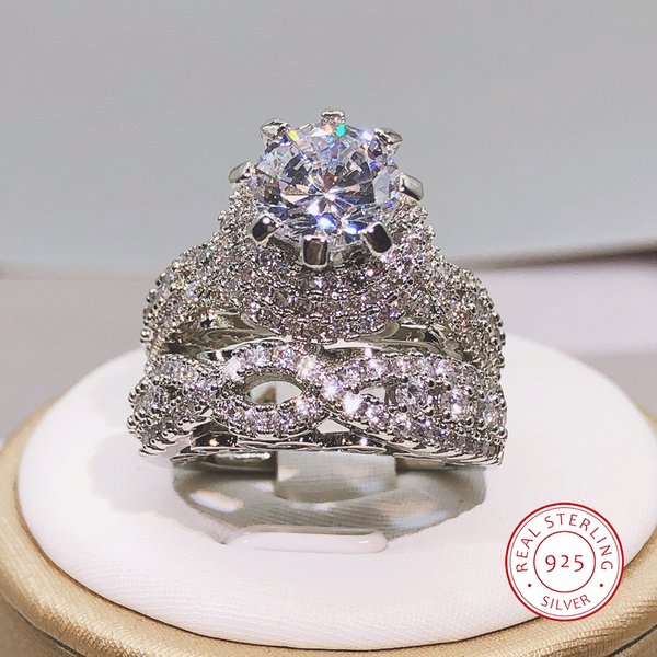 Milangirl – bague ronde en argent 925, ensemble de 2 pièces en cristal blanc pour femmes et filles, bijoux à la mode pour fête de fiançailles et de mariage