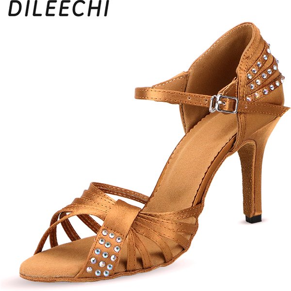 DILEECHI Latin Dance Shoes Women Bronze Black Satin Diamond Soft Bottom High-Heeled 8.5cm Salsa Party Ballroom Dancing Shoes