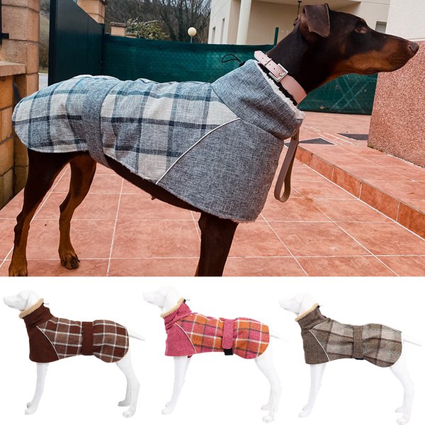 Vêtements d'hiver chauds en polaire pour grands chiens, veste pour animaux de compagnie à imprimé écossais avec ceinture pour chiens de taille moyenne et grande, vêtements Greyhound Weimaraner