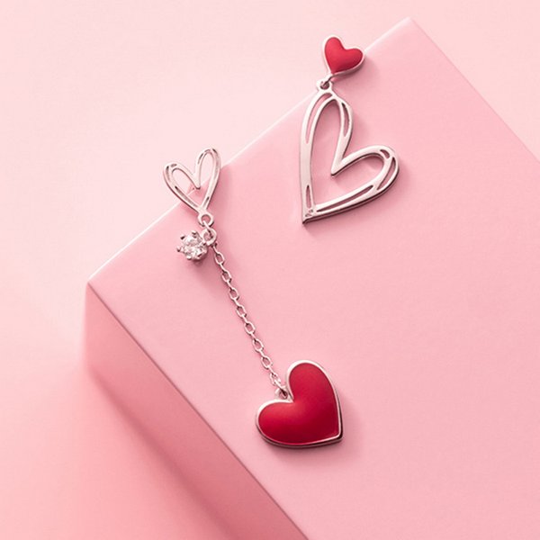 Boucles d'oreilles coréennes asymétriques en forme de cœur rouge pour femmes, bijoux ajourés en Zircon avec pompon ECG, en perles, cadeau de fête, nouvelle collection