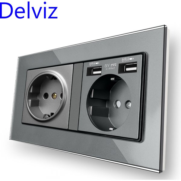 Delviz Double Power Socket, Tempered Crystal Glass Panel, USB Charging Interface, 146mm X 86mm, EU Standard Wall Embedded Socket