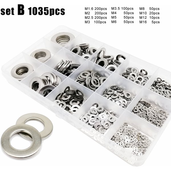 Insgesamt 555/1035 Stück M1,6 M2 M2,5 M3 M3,5 M4 M5 M6 M8 M10 M12 M16 304 Edelstahl-Unterlegscheiben-Set, einfaches Dichtungs-Sortiment-Set