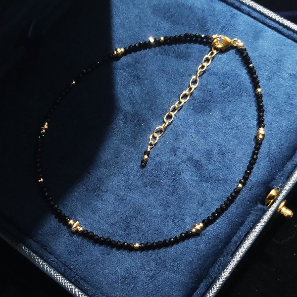 Lii Ji Schwarz Turmalin 14K Gold Gefüllt Fußkettchen Natürliche Edelstein 2mm Tiny Funkelnden Perlen Schmuck 24 + 5cm