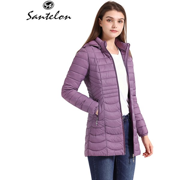 SANTELON Women Long Warm Parka For Women Ultralight Padded Puffer Jacket Coat With Detachable Hood Lightweight Outwear Clothing
