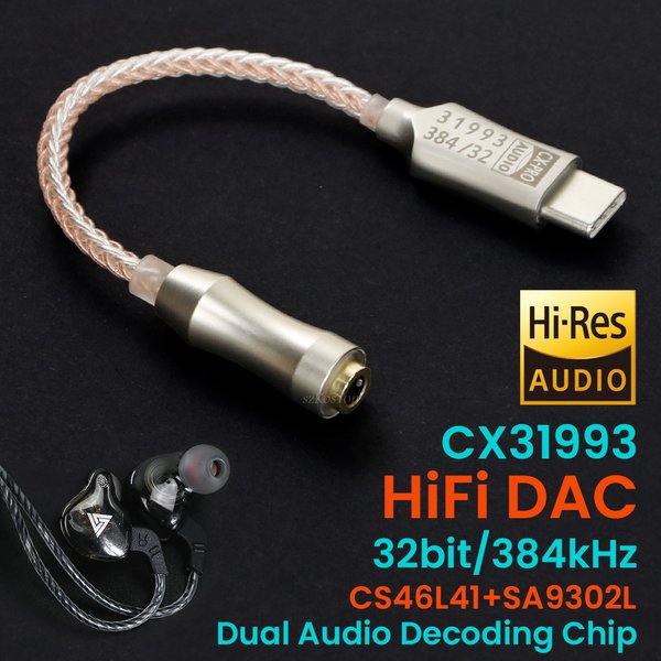 CX31993 Interface audio USB Type-C vers 3,5 mm, amplificateur de casque, DAC HiFi, amplificateur de son pour écouteurs, adaptateur audio 32 bits 384 kHz