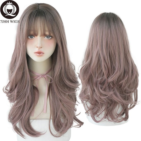 7JHH Mode Ombre Braun Schwarz Tiefe Welle Langes Haar Mit Pony Synthetische Perücken Für Frauen Weihnachten Hitzebeständige Dicke Perücke Geschenk