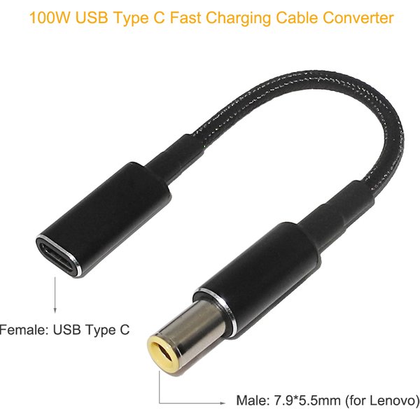 100W USB Type C PD Fast Charging Cable Cord for Lenovo ThinkPad T61 T60 T420 T430 USB-C to 7.9X5.5mm DC Power Adapter Connector