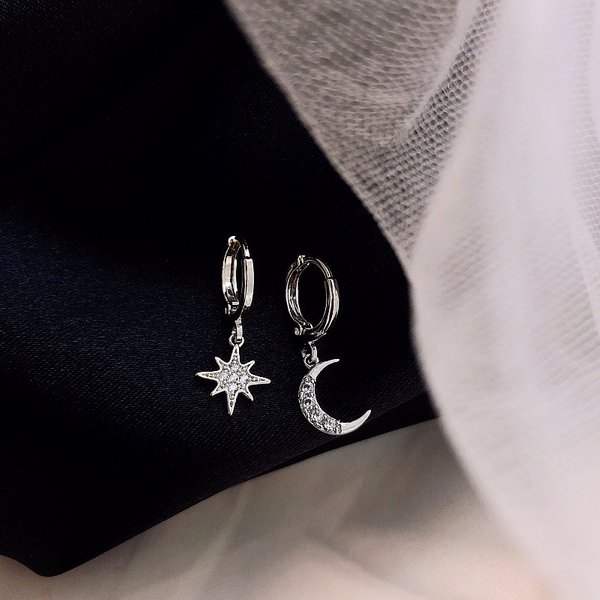 VENTFILLE 925 Sterling CZ étoile lune asymétrique boucles d'oreilles pour femmes filles or argent couleur fête bijoux cadeaux