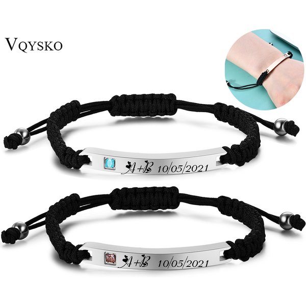 Customized Words Bar Couple Bracelets for Women Men Stainless Steel Name Date Engraved Jewelry Bangles Braided Lovers Gifts