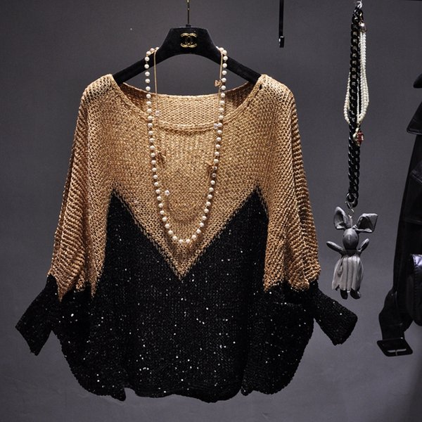 Yan Li Shinny Lurex Pull femmes col rond Long Pull décontracté tricot Pull Femme Pull Bling Bling paillettes Pull