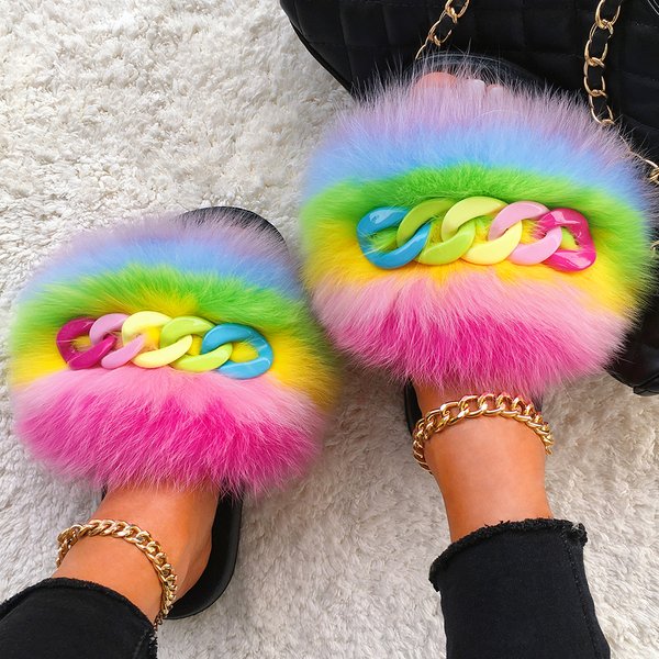 Pantoufles en vraie fourrure de renard, tongs duveteuses avec chaîne brillante, pantoufles de maison en peluche, sandales de plage plates pour femmes, chaussures d'été